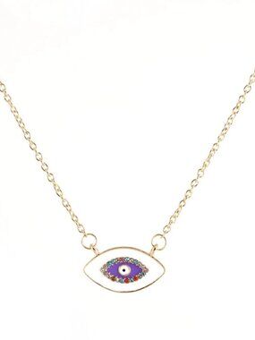 Evil Eye Gold & Purple Enamel Boho Chic Turkish Symbol Fashion Necklace